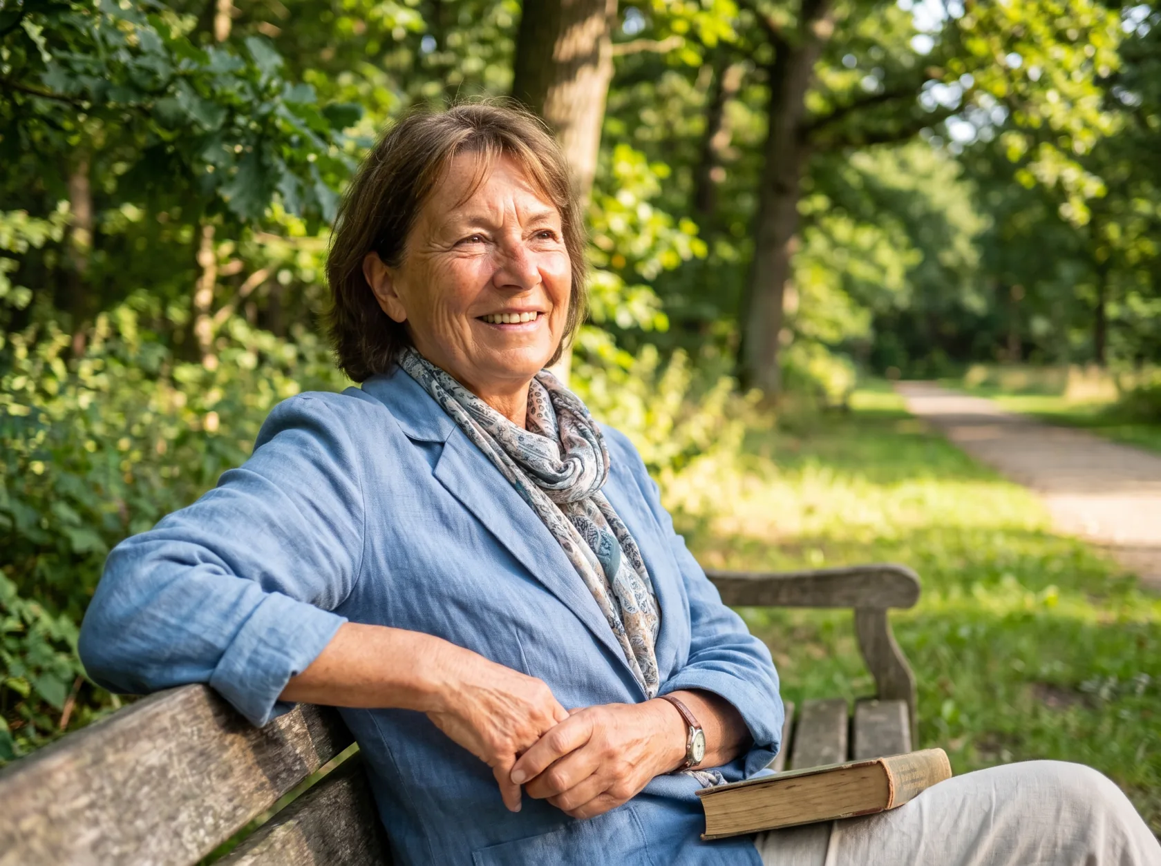 A woman sitting outdoors in a park, relaxed and smiling